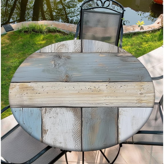 Waterproof Tablecloth with Elastic Tablecloth for Round Tables 36"-70" for Indoor Outdoor Patio Use, 60Inch, Weathered Wood