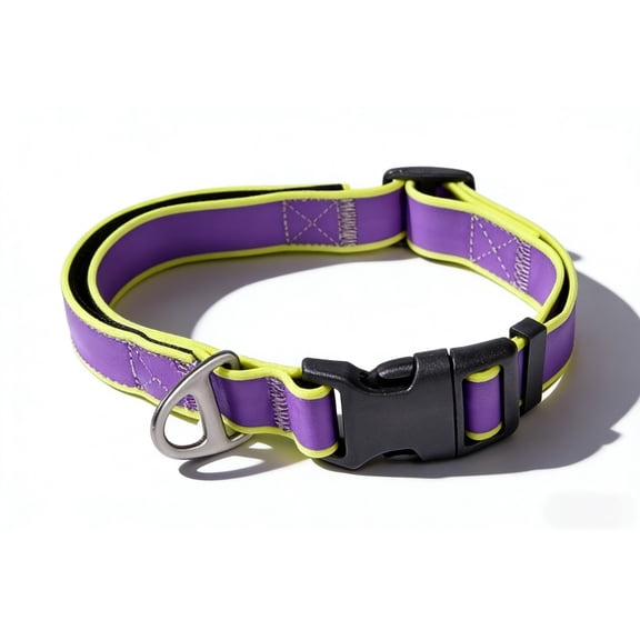 Waterproof Tactical Dog Collar, Yellow & Purple Medium Adjustable Soft Padded Heavy Duty PVC Collar with D-Ring