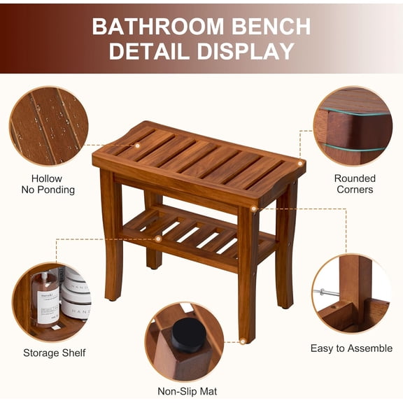 Waterproof Teak Shower Stool with Storage Shelf – On Sale, Spa Bath Seat & Bench, Sturdy & Comfortable, Ideal for Indoor or Outdoor Bathrooms, Perfect for Seniors, Adults & Elderly