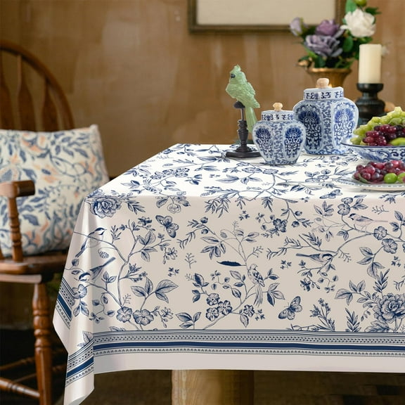 Waterproof Thick Linen Rectangle Tablecloth - White And Blue Floral Rustic Tablecloth Chinoiserie French Farmhouse Country Table Cover Decoration for Home Kitchen Dining 60 x 84 Inch Tablecloth