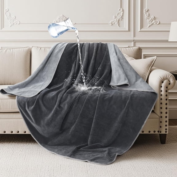 Waterproof Throw Blanket for Couch: Reversible Leakproof Couch Blanket 40" x 60", Soft Flannel & Coral Fleece Bed Blanket Stain-Proof for Sofa Cover, Pet Accidents, Travel, Grey