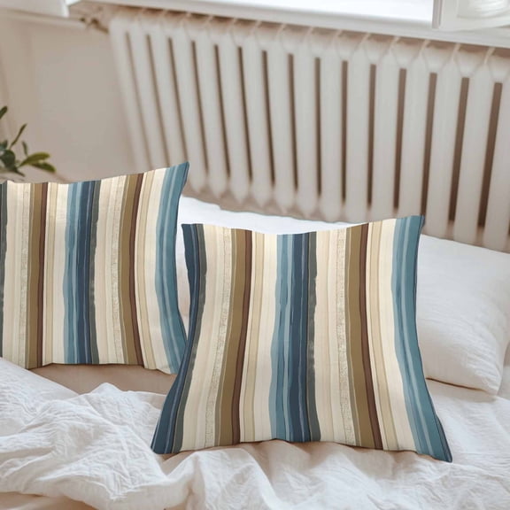 Waterproof Throw Pillow Covers 16x16 Set of 2, Abstract Pin Stripes Linen Outdoor Pillowcases with Invisible Zipper, Vertical Stripe Blue Brown Decorative Cushion Covers for Patio Garden Sofa Couch