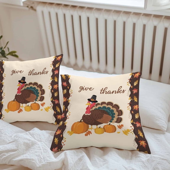 Waterproof Throw Pillow Covers 16x16 Set of 2, Cartoon Turkey Fall Thanksgiving Pumpkin Outdoor Pillowcases, Rural Orange Maple Leaves Decorative Cushion Covers for Patio Garden Sofa Couch
