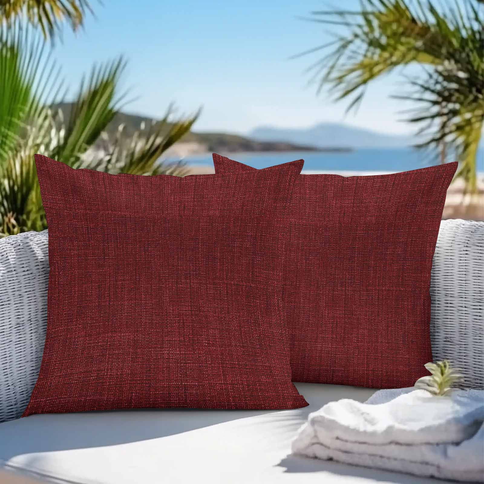 Waterproof Throw Pillow Covers 16x16 Set of 2, Classic Solid Dark Red Outdoor Pillowcases with Invisible Zipper, Vintage Monochrome Decorative Cushion Covers for Patio Garden Sofa Couch Balcony