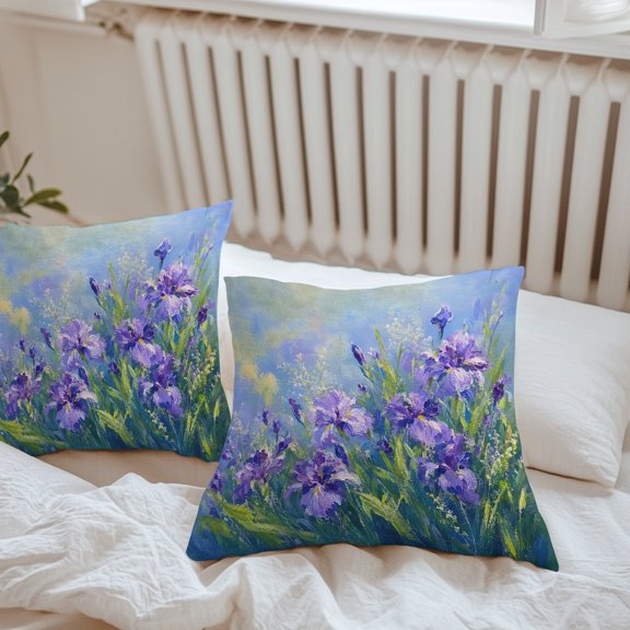 Waterproof Throw Pillow Covers 16x16 Set of 2, Elegant Purple Iris Flowers Outdoor Pillowcases with Invisible Zipper, Oil Style Floral Art Decorative Cushion Covers for Patio Garden Sofa Couch