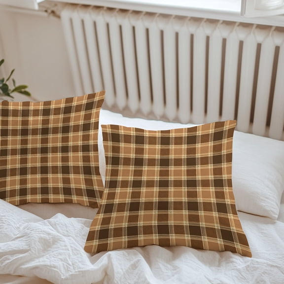 Waterproof Throw Pillow Covers 16x16 Set of 2, Fall Brown Buffalo Plaid Outdoor Pillowcases with Invisible Zipper, Rustic Retro Checker Lattice Decorative Cushion Covers for Patio Garden Sofa Couch