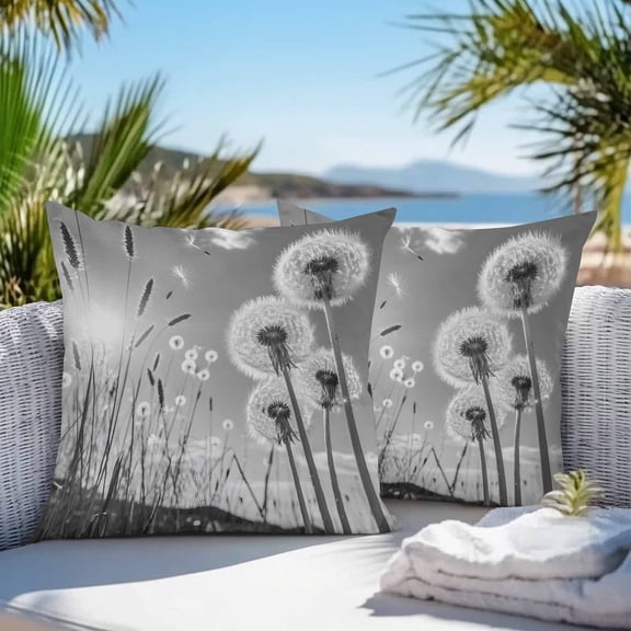 Waterproof Throw Pillow Covers 16x16 Set of 2, Farmhouse Grey Field Dandelion Rural Plant Outdoor Pillowcases Invisible Zipper, Idyllic Botanical Decorative Cushion Covers for Patio Garden Sofa Couch
