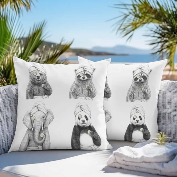 Waterproof Throw Pillow Covers 16x16 Set of 2, Funny Animal SPA Sketch Art Outdoor Pillowcases with Invisible Zipper, Bear Panda Elephant Raccoon Decorative Cushion Covers for Patio Garden Sofa Couch