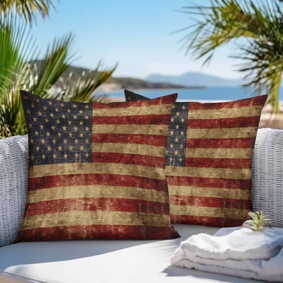 Waterproof Throw Pillow Covers 16x16 Set of 2, Independence Day USA Flag Outdoor Pillowcases Invisible Zipper, Vintage American Stars and Stripes Decorative Cushion Covers for Patio Garden Sofa Couch