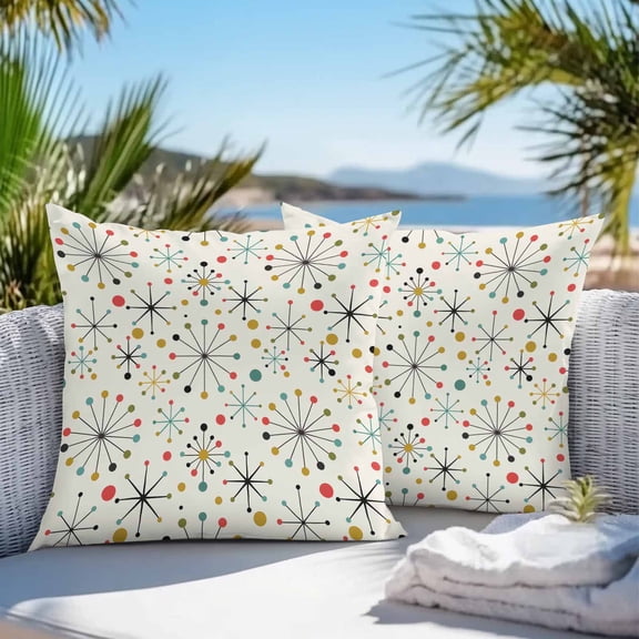Waterproof Throw Pillow Covers 16x16 Set of 2, Mid Century Abstract Geometric Outdoor Pillowcases with Invisible Zipper, Modern Colorful Atomic Decorative Cushion Covers for Patio Garden Sofa Couch