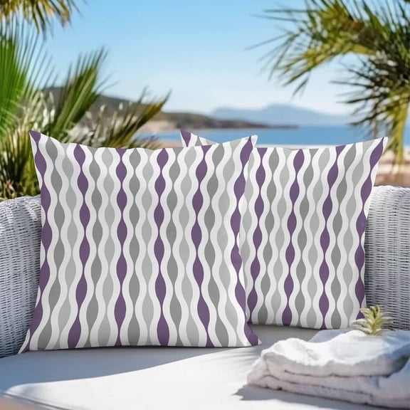Waterproof Throw Pillow Covers 16x16 Set of 2, Mid Century Purple Stripe Ripple Outdoor Pillowcases, Grey Gradient Abstract Geometric Decorative Cushion Covers for Patio Garden Sofa Couch