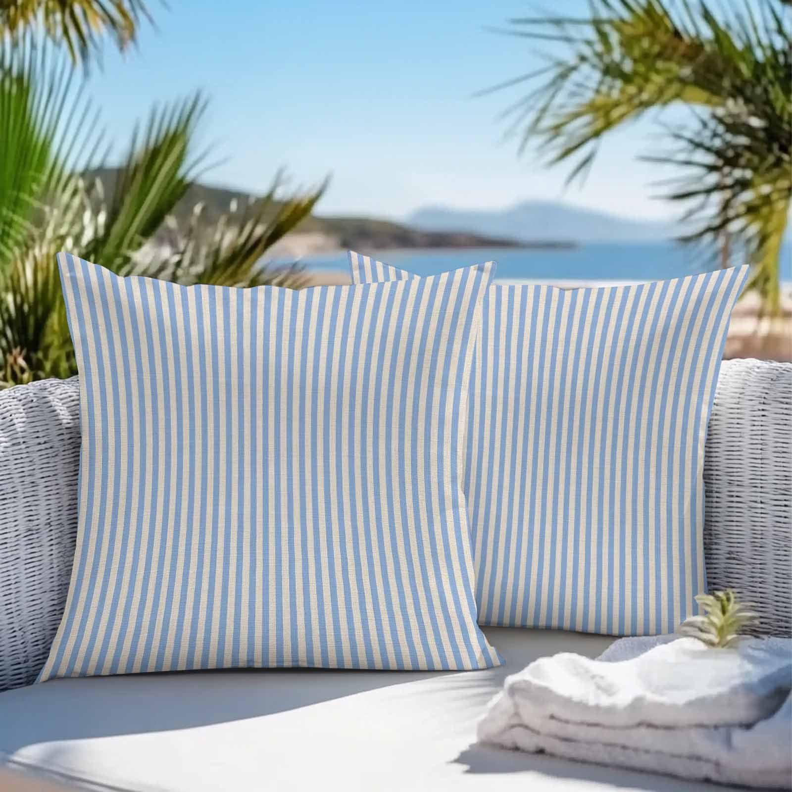 Waterproof Throw Pillow Covers 16x16 Set of 2, Modern Blue Striped on Linen Outdoor Pillowcases with Invisible Zipper, Vintage Vertical Stripes Decorative Cushion Covers for Patio Garden Sofa Couch
