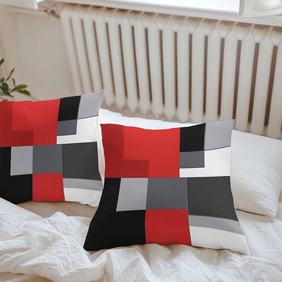 Waterproof Throw Pillow Covers 16x16 Set of 2, Modern Patchwork Abstract Art Outdoor Pillowcases with Invisible Zipper, Red Black Gray White Decorative Cushion Covers for Patio Garden Sofa Couch