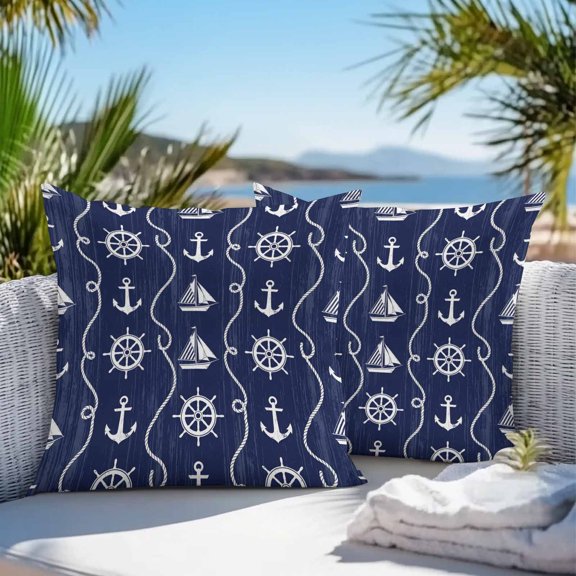 Waterproof Throw Pillow Covers 16x16 Set of 2, Nautical Anchor Sailboat Outdoor Pillowcases with Invisible Zipper, Deep Navy Blue Background Decorative Cushion Covers for Patio Garden Sofa Couch