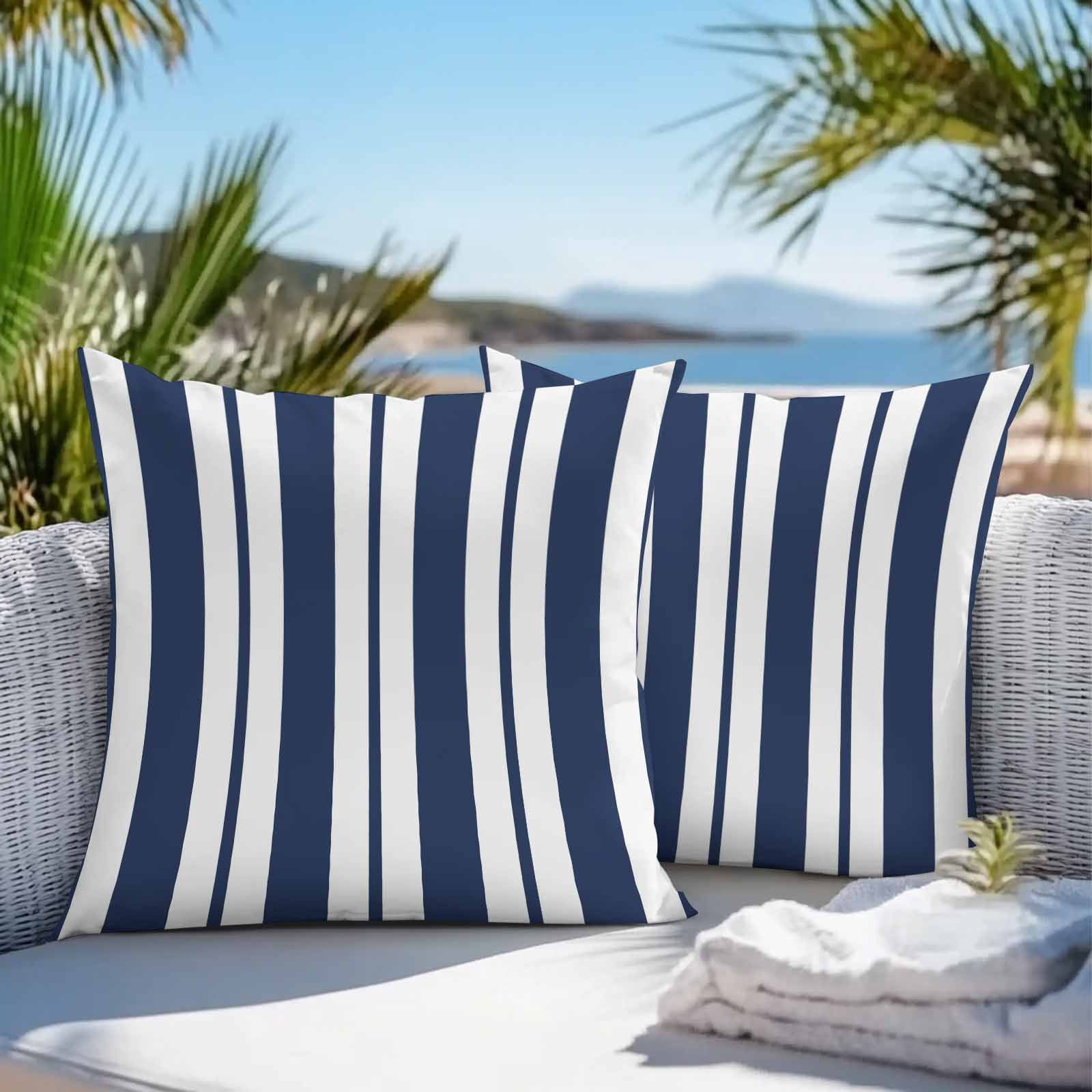 Waterproof Throw Pillow Covers 16x16 Set of 2, Navy Blue Stripes Summer Nautical Outdoor Pillowcases with Invisible Zipper, Modern Minimalist Art Decorative Cushion Covers for Patio Garden Sofa Couch