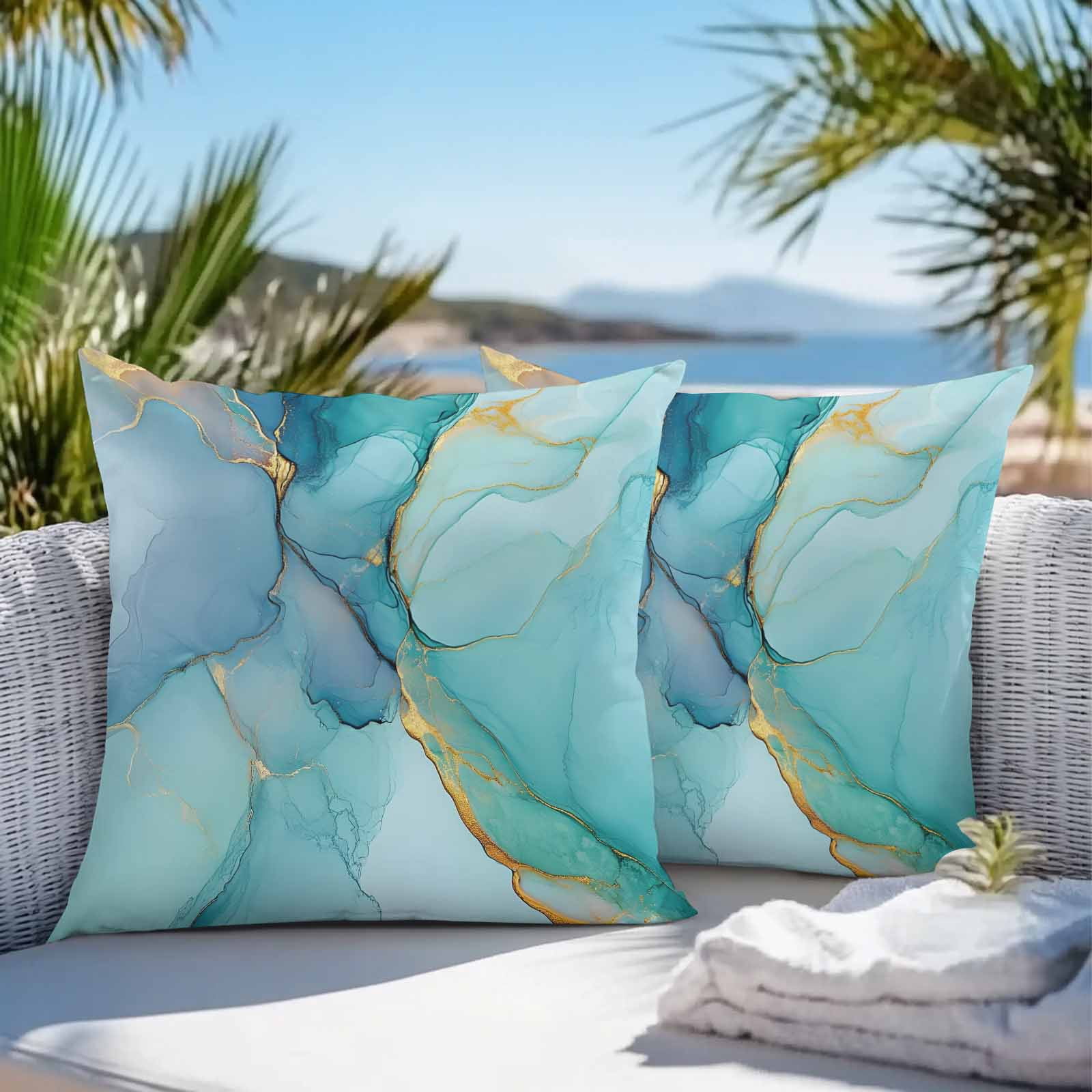 Waterproof Throw Pillow Covers 16x16 Set of 2, Ombre Aqua Green Blue Marble Outdoor Pillowcases with Invisible Zipper, Golden Vein Abstract Color Decorative Cushion Covers for Patio Garden Sofa Couch