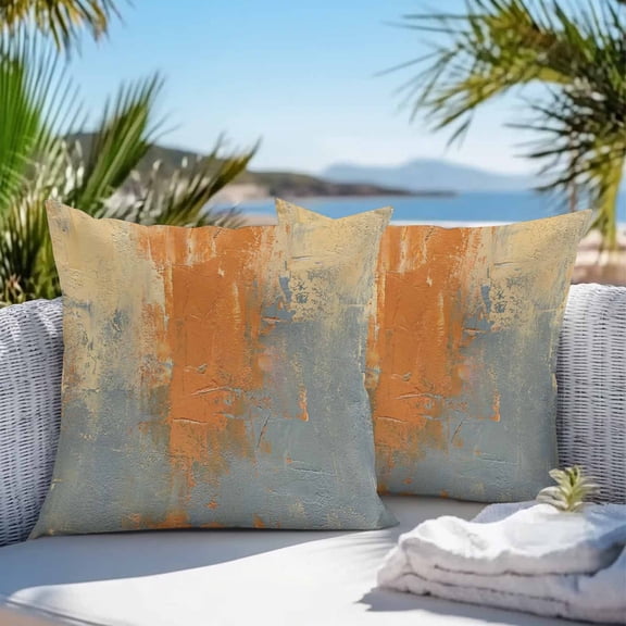 Waterproof Throw Pillow Covers 16x16 Set of 2, Orange Gray Abstract Graffiti Outdoor Pillowcases with Invisible Zipper, Modern Street Art Decorative Cushion Covers for Patio Garden Sofa Couch Balcony