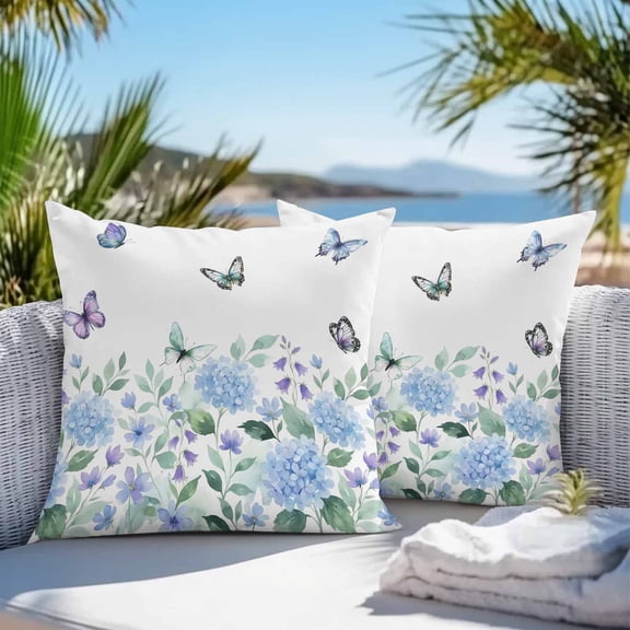 Waterproof Throw Pillow Covers 16x16 Set of 2, Pastoral Blue Hydrangea Green Leaf Outdoor Pillowcases, Rustic Butterfly Botanical Decorative Cushion Covers for Patio Garden Sofa Couch