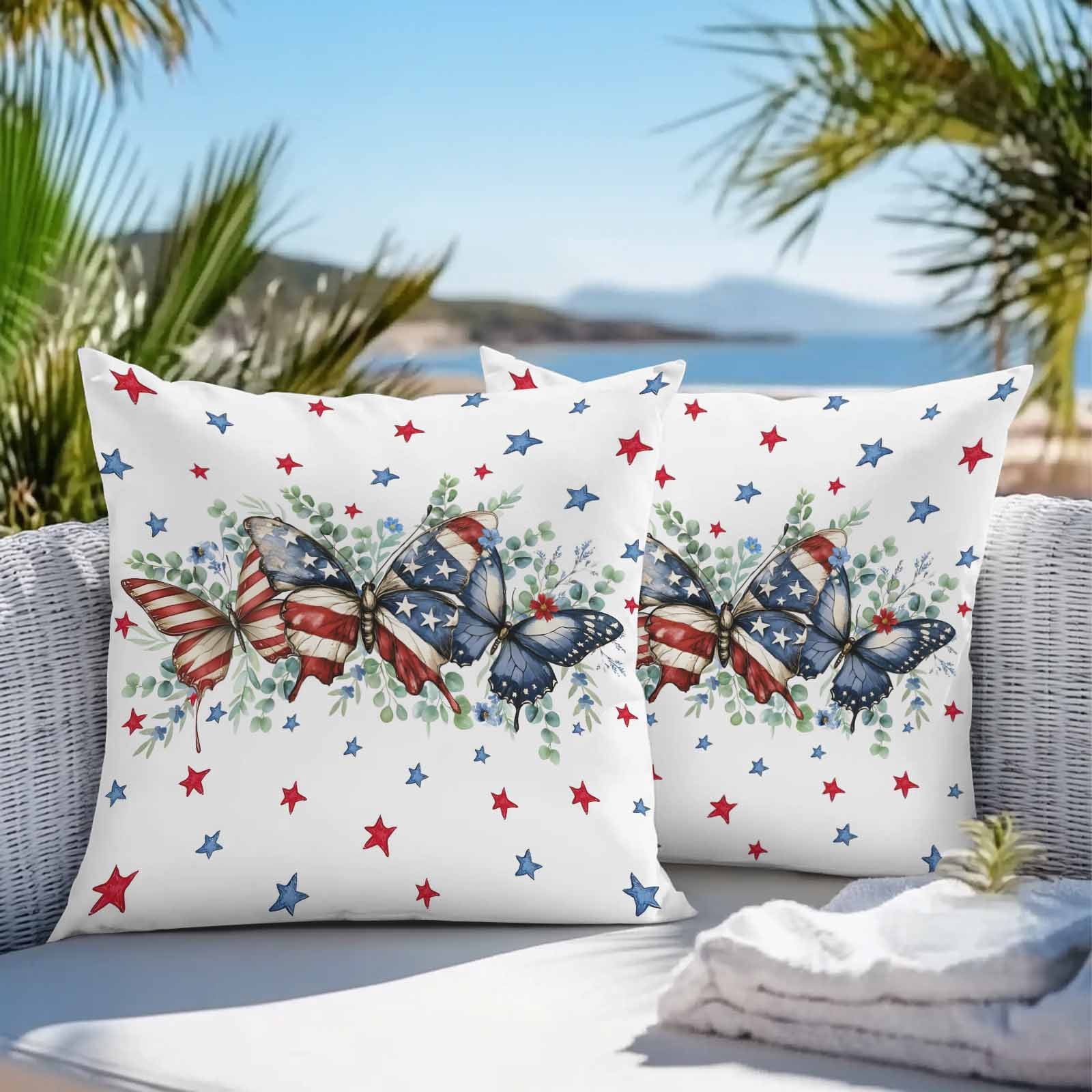 Waterproof Throw Pillow Covers 16x16 Set of 2, Patriotic Butterfly American Flag Theme Outdoor Pillowcases Invisible Zipper, Red White Blue Stars Decorative Cushion Covers for Patio Garden Sofa Couch