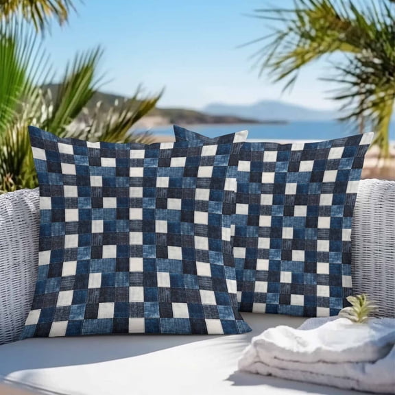 Waterproof Throw Pillow Covers 16x16 Set of 2, Retro Blue Black Buffalo Check Outdoor Pillowcases with Invisible Zipper, Checkered Plaid Seamless Decorative Cushion Covers for Patio Garden Sofa Couch
