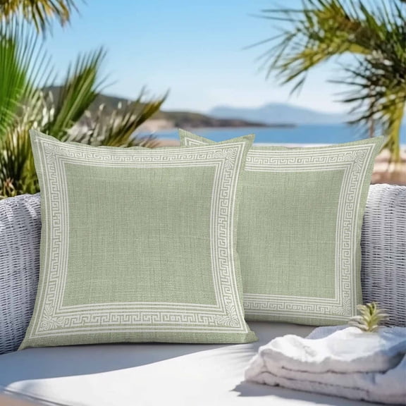 Waterproof Throw Pillow Covers 16x16 Set of 2, Sage Green Linen Burlap Key Outdoor Pillowcases Invisible Zipper, Abstract Greek Inspired Texture Decorative Cushion Covers for Patio Garden Sofa Couch