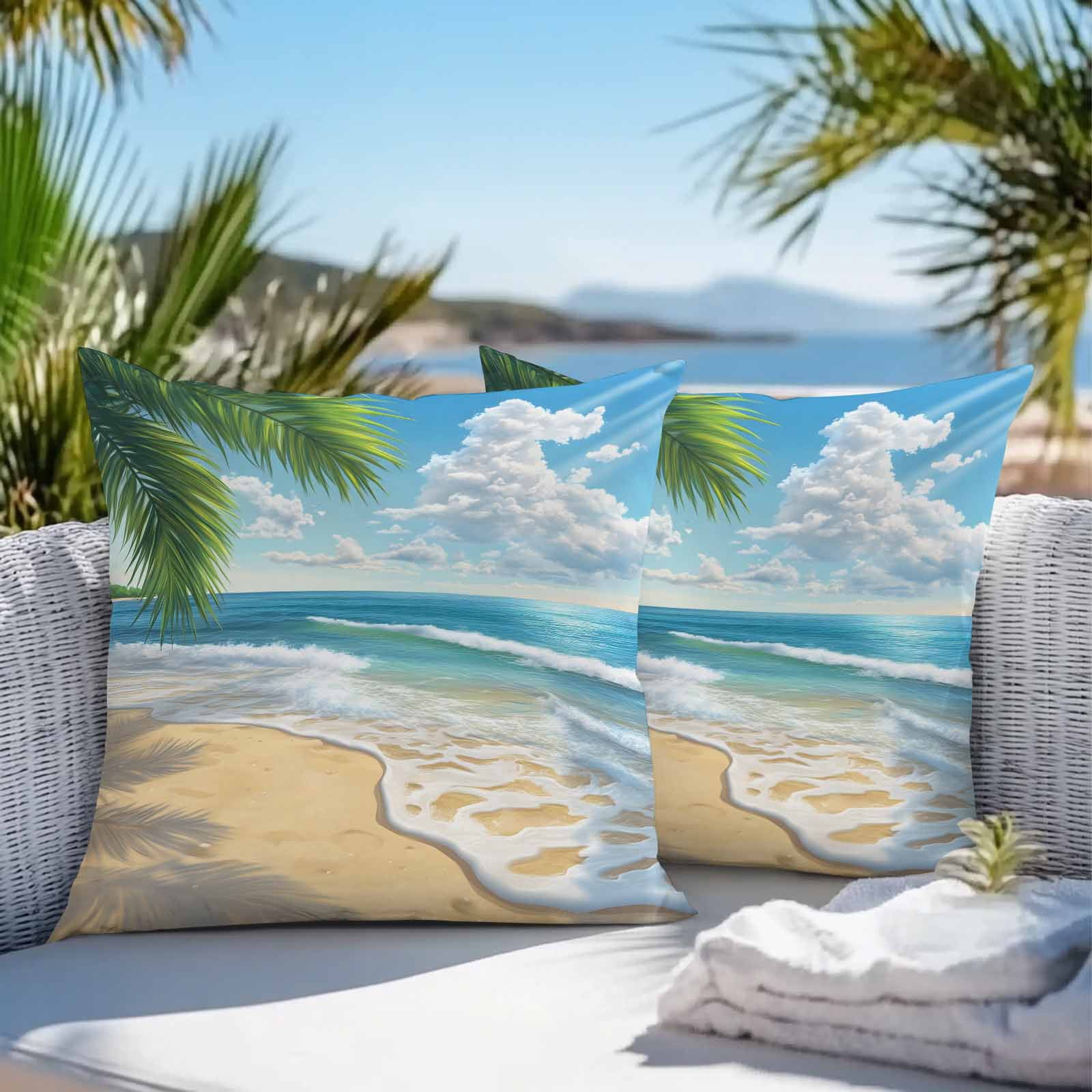 Waterproof Throw Pillow Covers 16x16 Set of 2, Summer Beach Blue Seawater Outdoor Pillowcases with Invisible Zipper, Tropical Plant Palm Tree Decorative Cushion Covers for Patio Garden Sofa Couch