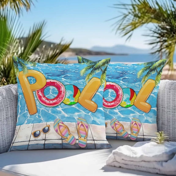 Waterproof Throw Pillow Covers 16x16 Set of 2, Summer Vacation Swimming Pool Outdoor Pillowcases Invisible Zipper, Sunglasses Slippers Palm Tree Decorative Cushion Covers for Patio Garden Sofa Couch