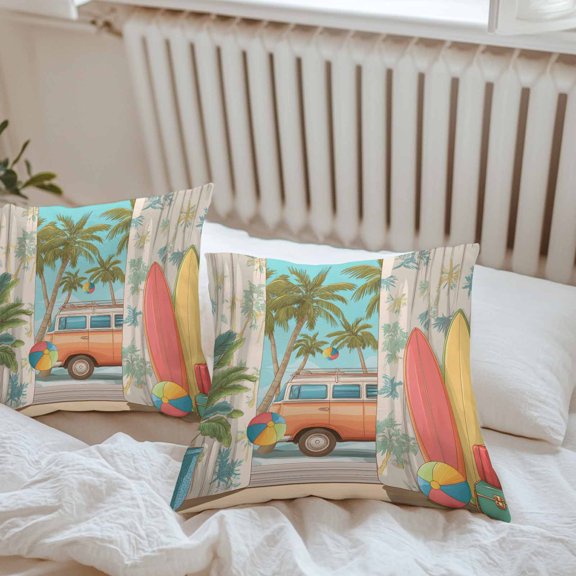 Waterproof Throw Pillow Covers 16x16 Set of 2, Tropical Beach Vacation Surfboard Outdoor Pillowcases Invisible Zipper, Coconut Tree Camper Van Decorative Cushion Covers for Patio Garden Sofa Couch
