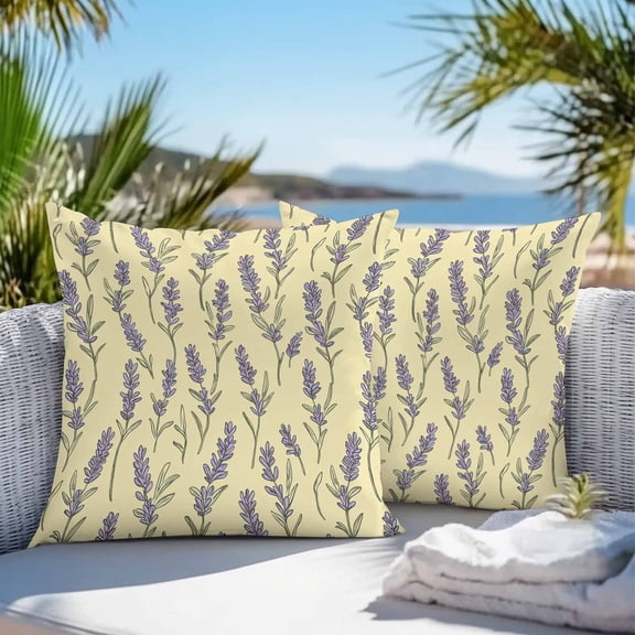 Waterproof Throw Pillow Covers 16x16 Set of 2, Watercolor Flower Lavender on Yellow Outdoor Pillowcases, Seamless Iris Floral Leaf Decorative Cushion Covers for Patio Garden Sofa Couch