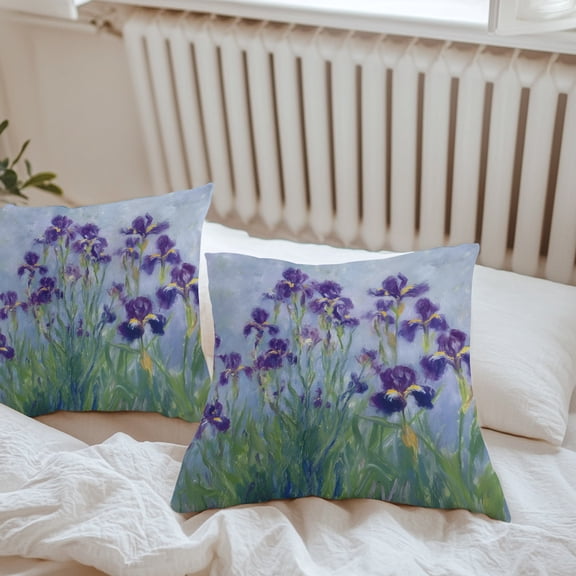 Waterproof Throw Pillow Covers 16x16 Set of 2, Watercolor Iris Purple Flower Outdoor Pillowcases Invisible Zipper, Spring Floral Green Leaves Decorative Cushion Covers for Patio Garden Sofa Couch