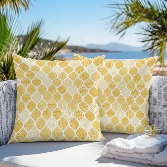 Waterproof Throw Pillow Covers 16x16 Set of 2, Yellow Bohemian Geometric Texture Outdoor Pillowcases Invisible Zipper, Abstract Moroccan Pattern Decorative Cushion Covers for Patio Garden Sofa Couch