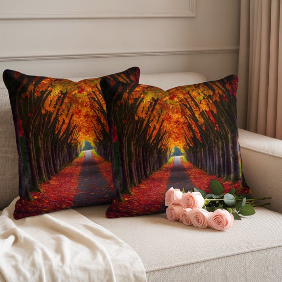Waterproof Throw Pillow Covers 18x18 Set of 2, Autumn Natural Path Scenery Outdoor Pillowcases Invisible Zipper, Thanksgiving Fall Maple Leaves Decorative Cushion Covers for Patio Garden Sofa Couch