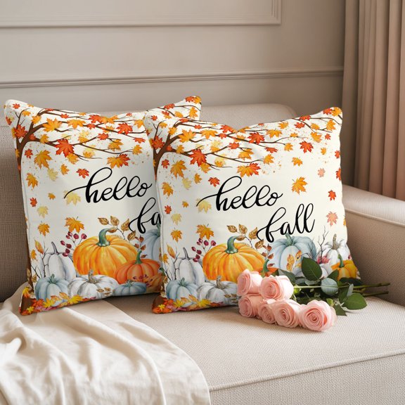 Waterproof Throw Pillow Covers 18x18 Set of 2, Autumn Pumpkin Maple Leaf Outdoor Pillowcases with Invisible Zipper, Hello Fall Thanksgiving Theme Decorative Cushion Covers for Patio Garden Sofa Couch