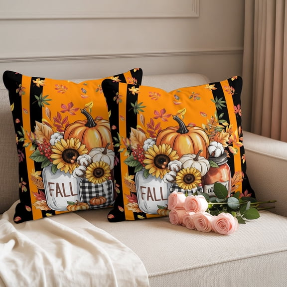 Waterproof Throw Pillow Covers 18x18 Set of 2, Autumn Pumpkin Sunflower on Black Outdoor Pillowcases Invisible Zipper, Orange Stripe Fall Leaf Decorative Cushion Covers for Patio Garden Sofa Couch