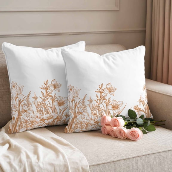Waterproof Throw Pillow Covers 18x18 Set of 2, Brown Iris Flower Lavender on White Outdoor Pillowcases with Invisible Zipper, Country Plants Decorative Cushion Covers for Patio Garden Sofa Couch