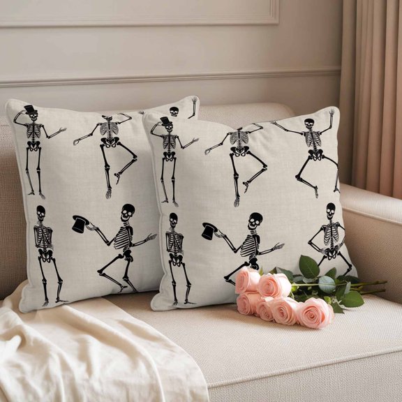 Waterproof Throw Pillow Covers 18x18 Set of 2, Halloween Funny Skull Skeleton Burlap Outdoor Pillowcases Invisible Zipper, Halloween Horror Theme Decorative Cushion Covers for Patio Garden Sofa Couch