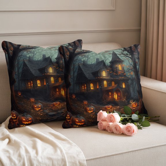 Waterproof Throw Pillow Covers 18x18 Set of 2, Halloween Scary Haunted Castle Horror Pumpkin Outdoor Pillowcases, Spooky Night Forest Decorative Cushion Covers for Patio Garden Sofa Couch