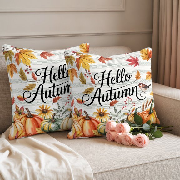 Waterproof Throw Pillow Covers 18x18 Set of 2, Hello Autumn Bird Striped Outdoor Pillowcases with Invisible Zipper, Fall Pumpkins Leaf Decorative Cushion Covers for Patio Garden Sofa Couch Balcony