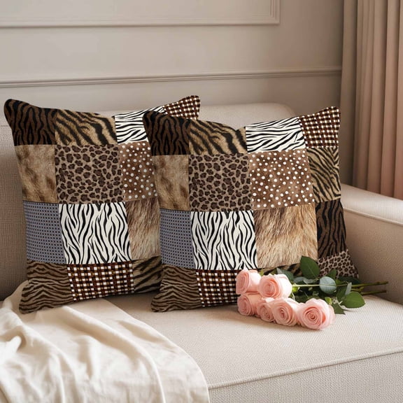 Waterproof Throw Pillow Covers 18x18 Set of 2, Leopard Tiger Zebra Deer Texture Outdoor Pillowcases Invisible Zipper, Wild Animal Print Print Decorative Cushion Covers for Patio Garden Sofa Couch