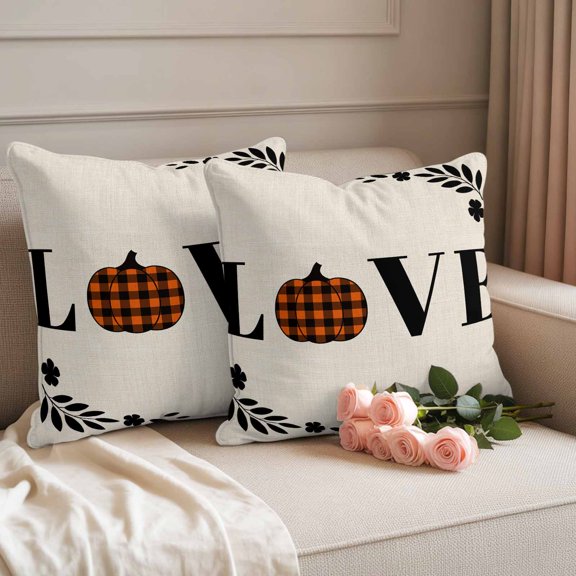 Waterproof Throw Pillow Covers 18x18 Set of 2, Love Fall Farm Pumpkins Outdoor Pillowcases with Invisible Zipper, Vintage Leaf on Linen Decorative Cushion Covers for Patio Garden Sofa Couch Balcony