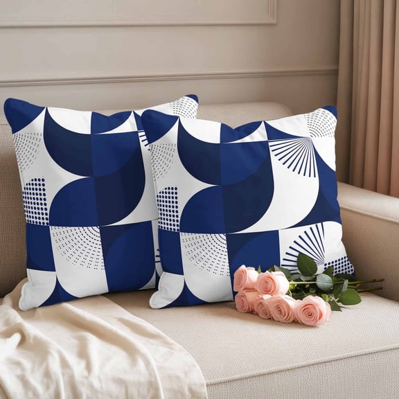 Waterproof Throw Pillow Covers 18x18 Set of 2, Mid Century Blue Abstract Geometric Outdoor Pillowcases Invisible Zipper, White Circles Color Block Decor Cushion Covers for Patio Garden Sofa Couch