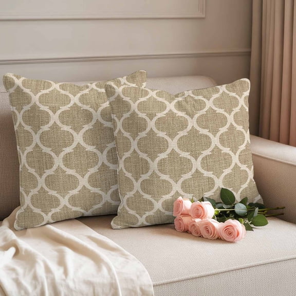 Waterproof Throw Pillow Covers 18x18 Set of 2, Moroccan Geometric Retro Linen Outdoor Pillowcases with Invisible Zipper, Mid Century Pattern Decorative Cushion Covers for Patio Garden Sofa Couch