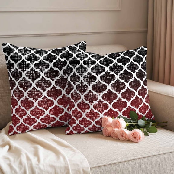 Waterproof Throw Pillow Covers 18x18 Set of 2, Moroccan Gradient Pattern Outdoor Pillowcases with Invisible Zipper, Retro Red Black White Decorative Cushion Covers for Patio Garden Sofa Couch Balcony