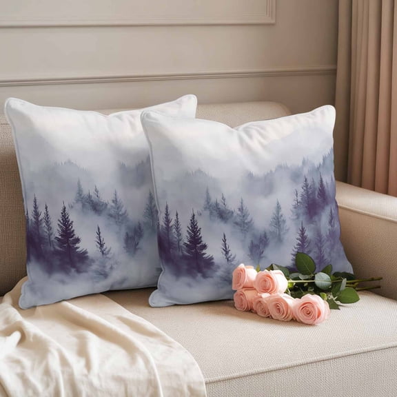 Waterproof Throw Pillow Covers 18x18 Set of 2, Natural Misty Mountain Tree Forest Outdoor Pillowcases Invisible Zipper, Wild Hill Foggy Scenery Decorative Cushion Covers for Patio Garden Sofa Couch