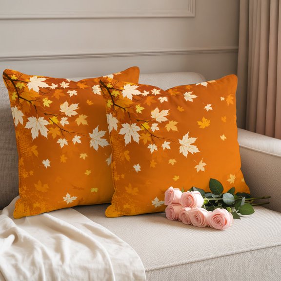 Waterproof Throw Pillow Covers 18x18 Set of 2, Orange Maple Leaf Thanksgiving Outdoor Pillowcases with Invisible Zipper, Fall Country Leaves Decorative Cushion Covers for Patio Garden Sofa Couch