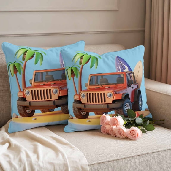Waterproof Throw Pillow Covers 18x18 Set of 2, Summer Travel RV Beach Coconut Tree Outdoor Pillowcases Invisible Zipper, Camping Vacation Truck Decorative Cushion Covers for Patio Garden Sofa Couch