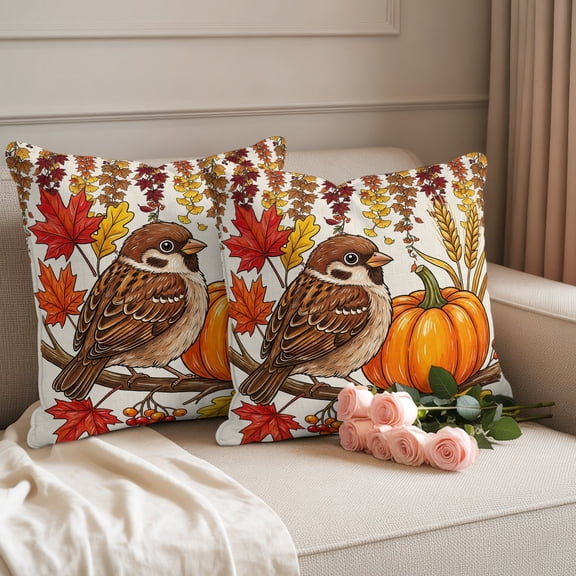 Waterproof Throw Pillow Covers 18x18 Set of 2, Thanksgiving Bird Pumpkins Outdoor Pillowcases with Invisible Zipper, Fall Maple Leaves Decorative Cushion Covers for Patio Garden Sofa Couch Balcony