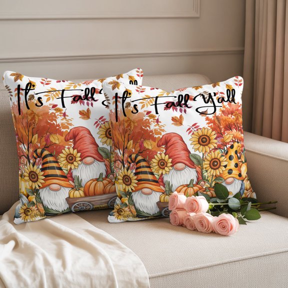 Waterproof Throw Pillow Covers 18x18 Set of 2, Thanksgiving Dwarf Sunflower Outdoor Pillowcases Invisible Zipper, Rustic Fall Maple Leaf Pumpkin Decorative Cushion Covers for Patio Garden Sofa Couch