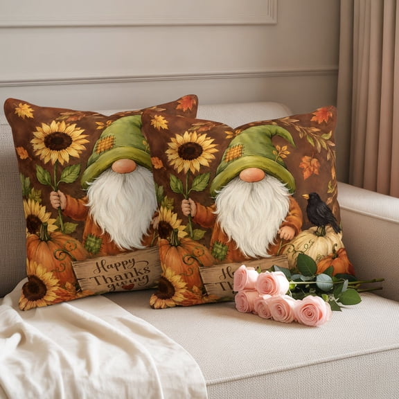 Waterproof Throw Pillow Covers 18x18 Set of 2, Thanksgiving Gnome Sunflower Outdoor Pillowcases with Invisible Zipper, Fall Pumpkin Maple Leaf Decorative Cushion Covers for Patio Garden Sofa Couch