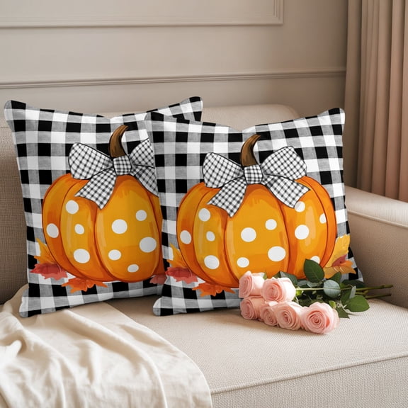 Waterproof Throw Pillow Covers 18x18 Set of 2, Thanksgiving Polka Dot Pumpkin Bow Outdoor Pillowcases, Fall Harvest Watercolor Plaid Decorative Cushion Covers for Patio Garden Sofa Couch